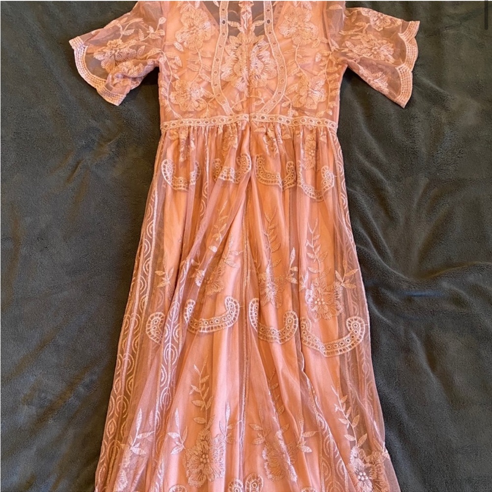 Light Pink Lace Mesh Overlay Maternity Maxi Dress - Picture 3 of 5